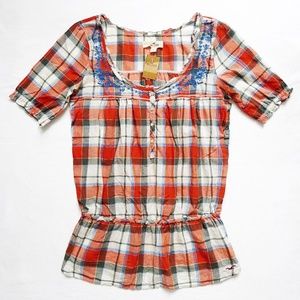 NWT Orange Plaid Embroidered Tunic/Shirt/Top Small
